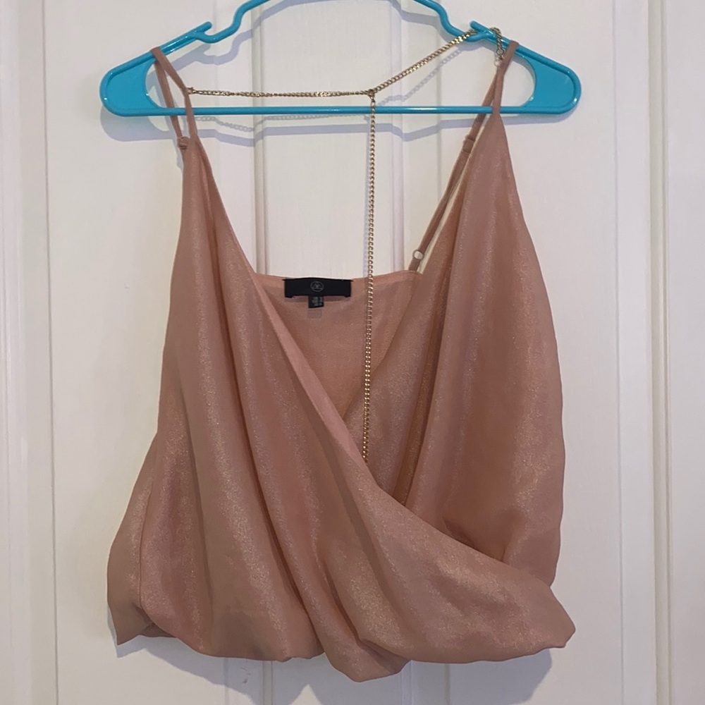 COPY - Pink sparkly deep v tank top with gold chain chest detailing